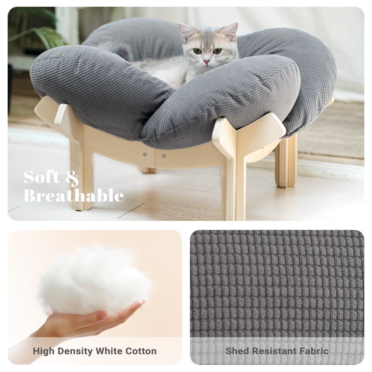 Elevated Cat Bed, Washable Flower Pet Cushion with Sturdy Wooden Frame, Heavy-Duty Lounge Chair for Indoor Cats & Small Dogs, Gray