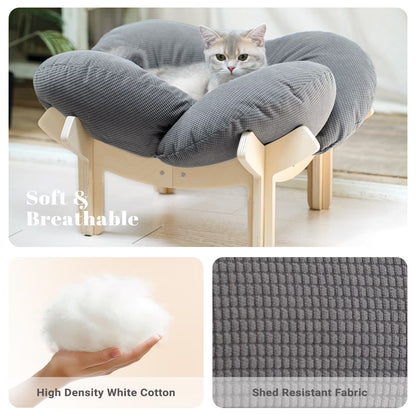 Elevated Cat Bed, Washable Flower Pet Cushion with Sturdy Wooden Frame, Heavy-Duty Lounge Chair for Indoor Cats & Small Dogs, Gray