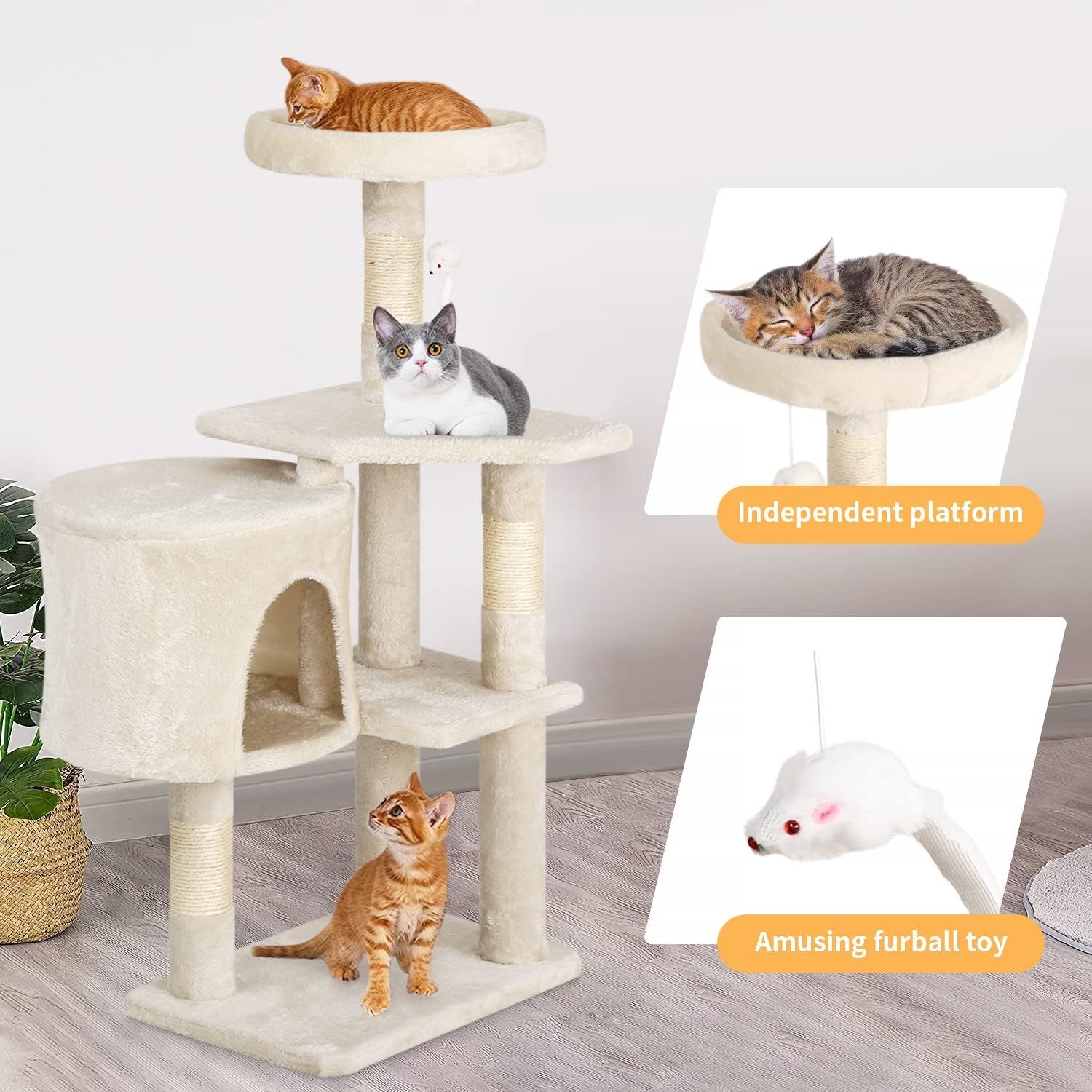 | 36" Cat Tree Tower | Beige | Sturdy Multi-Level Cat Tree | with Plush Condo, Cozy Perch, Sisal Scratching Posts, Hanging Toy and Stable Frame | Easy Assembly | for Kittens & Adult Cats