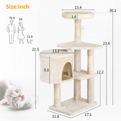 | 36" Cat Tree Tower | Beige | Sturdy Multi-Level Cat Tree | with Plush Condo, Cozy Perch, Sisal Scratching Posts, Hanging Toy and Stable Frame | Easy Assembly | for Kittens & Adult Cats
