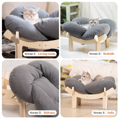 Elevated Cat Bed, Washable Flower Pet Cushion with Sturdy Wooden Frame, Heavy-Duty Lounge Chair for Indoor Cats & Small Dogs, Gray