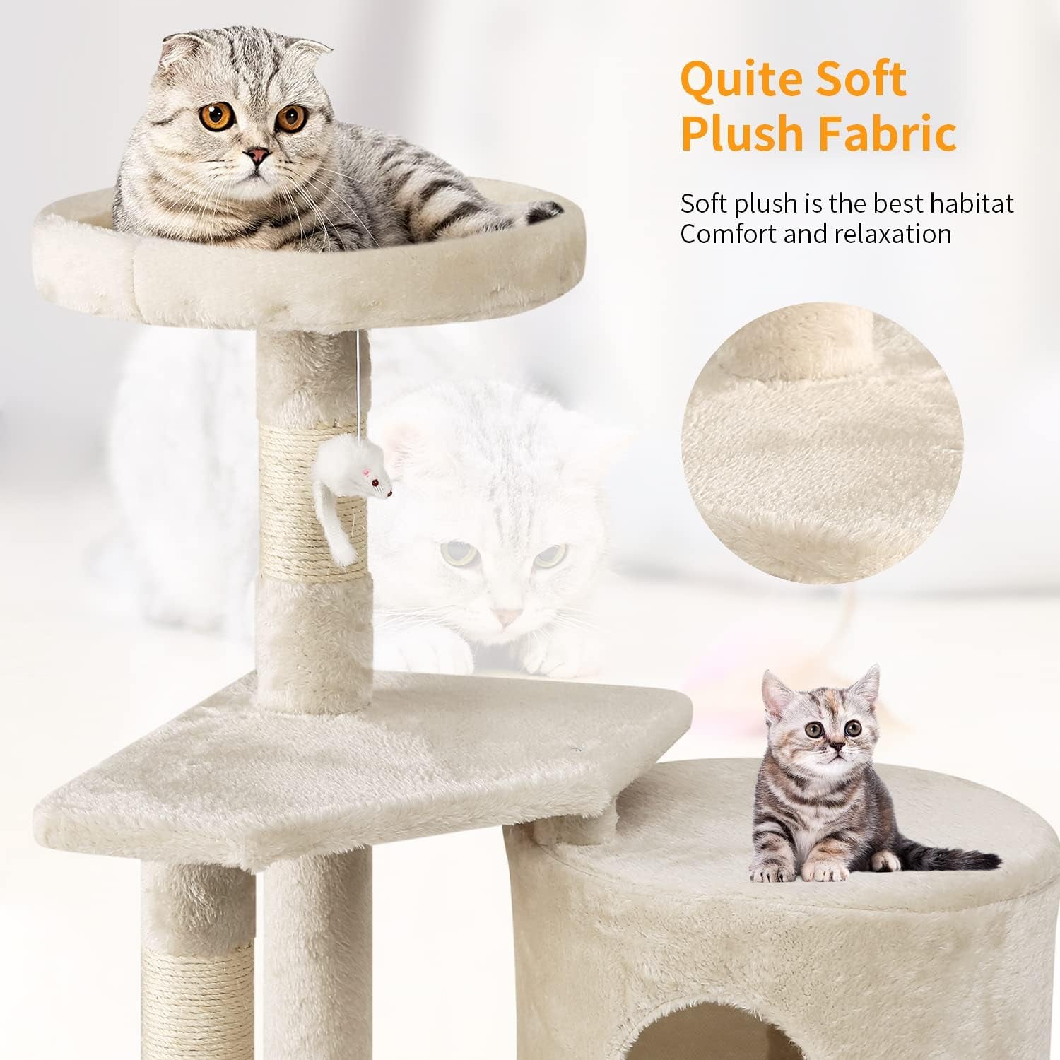 | 36" Cat Tree Tower | Beige | Sturdy Multi-Level Cat Tree | with Plush Condo, Cozy Perch, Sisal Scratching Posts, Hanging Toy and Stable Frame | Easy Assembly | for Kittens & Adult Cats