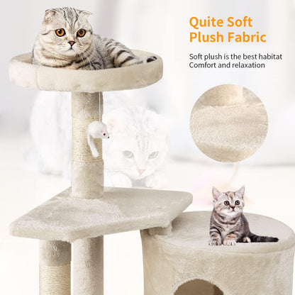 | 36" Cat Tree Tower | Beige | Sturdy Multi-Level Cat Tree | with Plush Condo, Cozy Perch, Sisal Scratching Posts, Hanging Toy and Stable Frame | Easy Assembly | for Kittens & Adult Cats