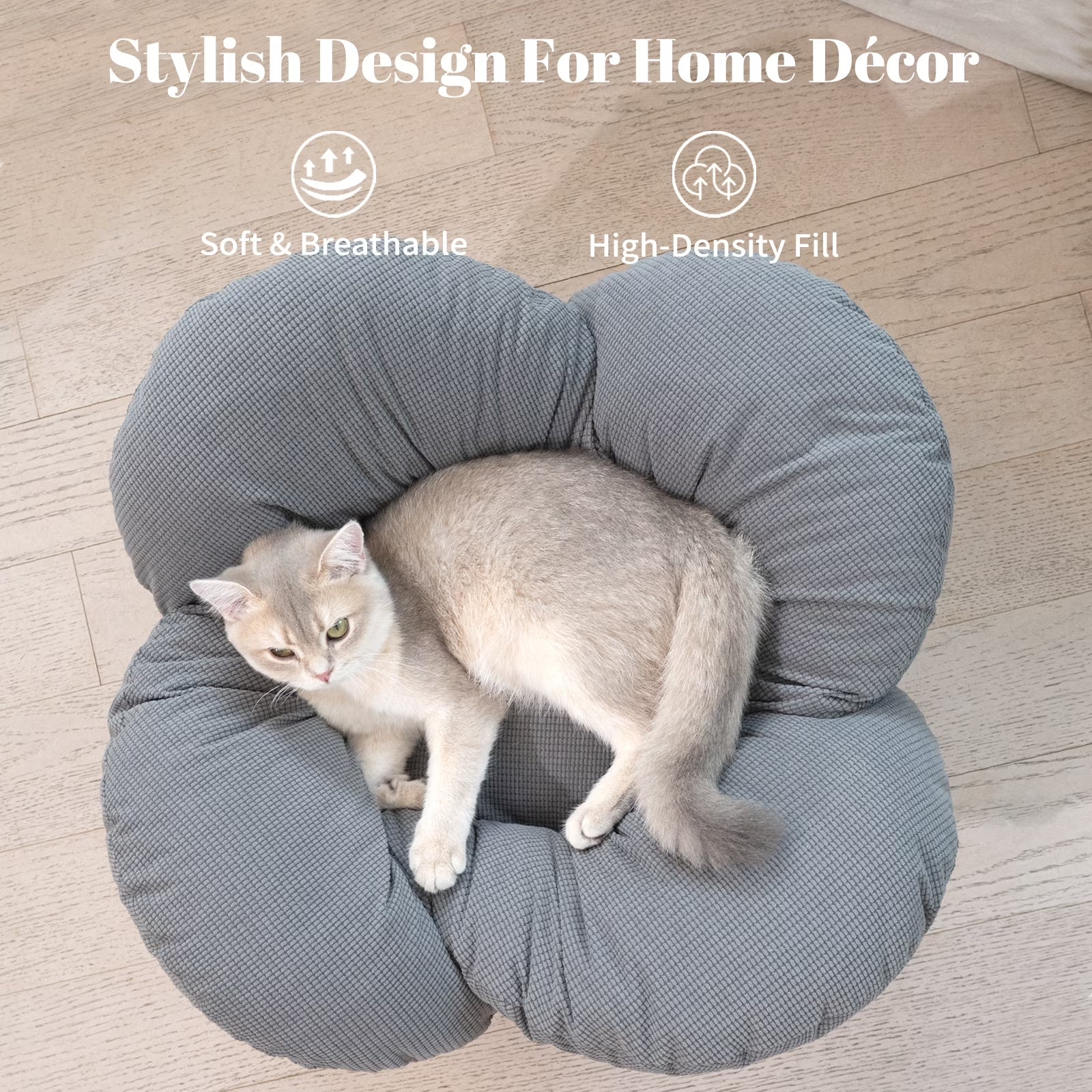 Elevated Cat Bed, Washable Flower Pet Cushion with Sturdy Wooden Frame, Heavy-Duty Lounge Chair for Indoor Cats & Small Dogs, Gray