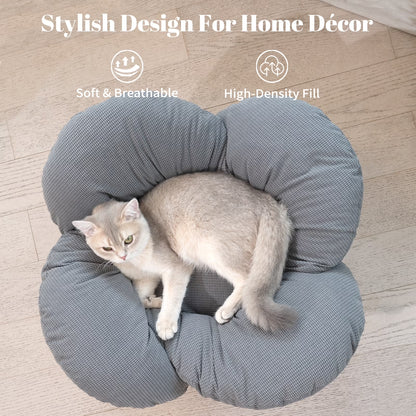 Elevated Cat Bed, Washable Flower Pet Cushion with Sturdy Wooden Frame, Heavy-Duty Lounge Chair for Indoor Cats & Small Dogs, Gray