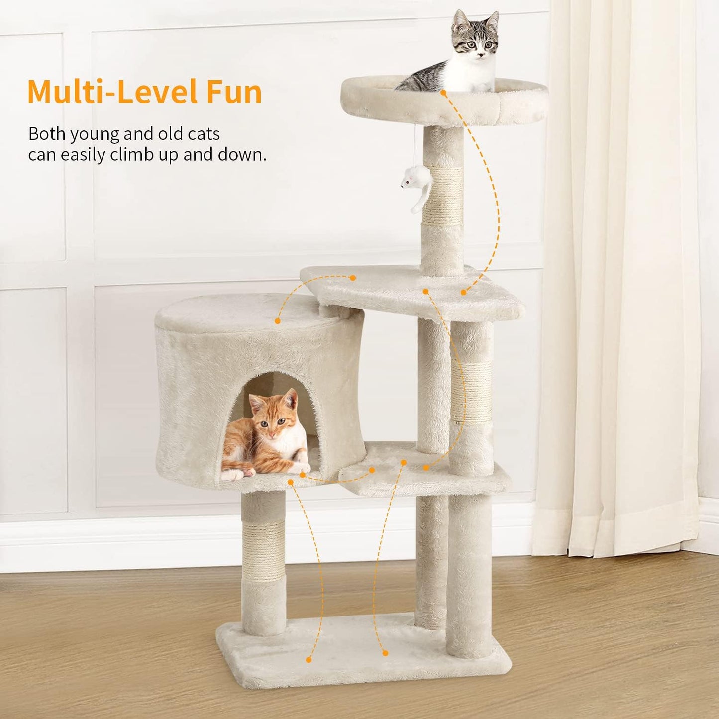 | 36" Cat Tree Tower | Beige | Sturdy Multi-Level Cat Tree | with Plush Condo, Cozy Perch, Sisal Scratching Posts, Hanging Toy and Stable Frame | Easy Assembly | for Kittens & Adult Cats