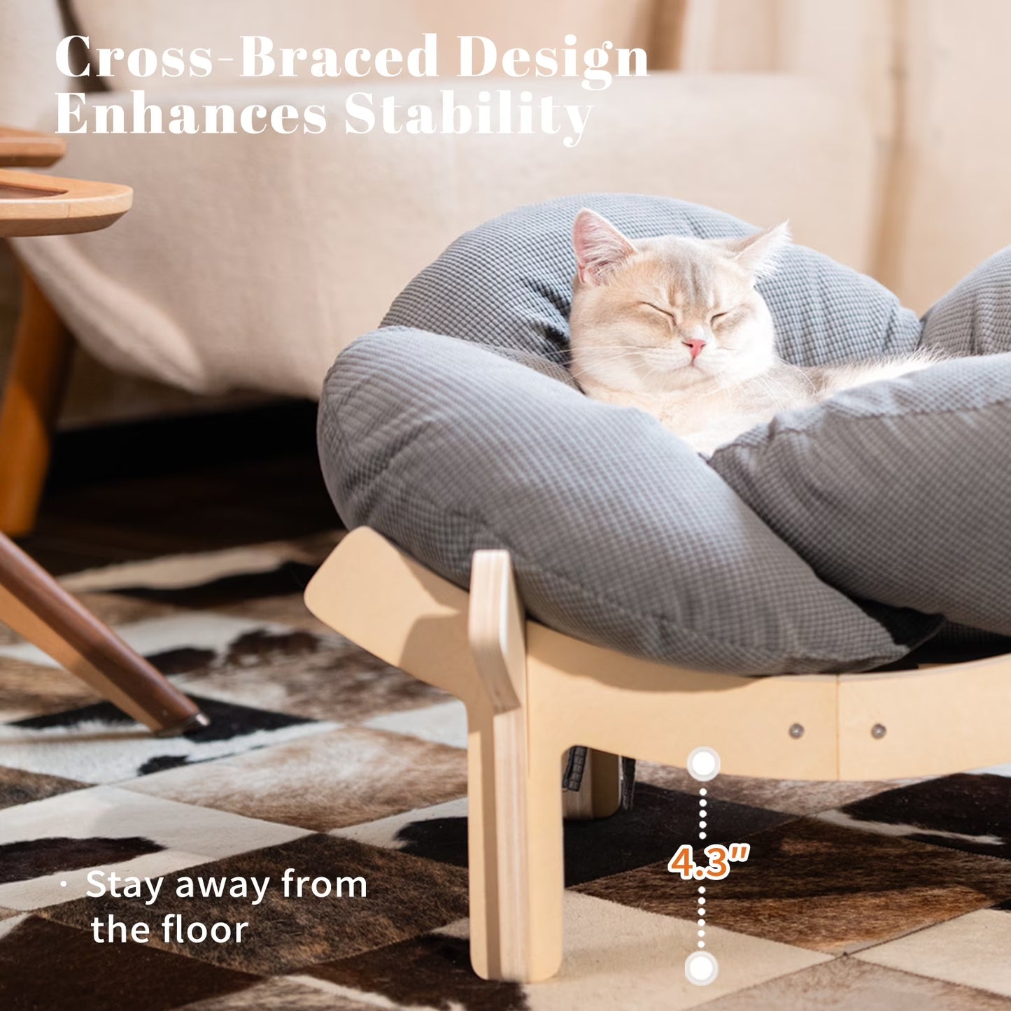 Elevated Cat Bed, Washable Flower Pet Cushion with Sturdy Wooden Frame, Heavy-Duty Lounge Chair for Indoor Cats & Small Dogs, Gray