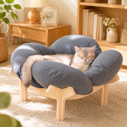 Elevated Cat Bed, Washable Flower Pet Cushion with Sturdy Wooden Frame, Heavy-Duty Lounge Chair for Indoor Cats & Small Dogs, Gray